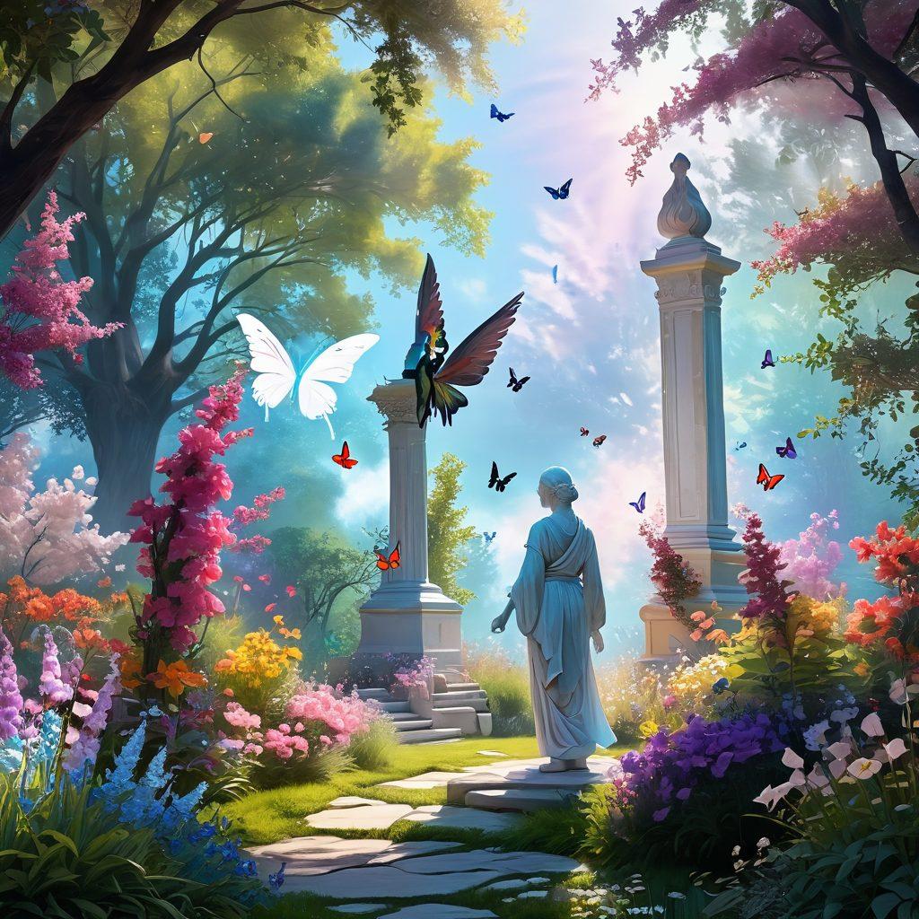 A serene landscape featuring a guardian figure, enveloped in soft ethereal light, standing protectively over a vibrant garden blooming with colorful flowers and butterflies. Enigmatic wisps of happiness, represented by glowing orbs, gently float around the scene, creating an atmosphere of peace and joy. The sky should be a soft gradient of pastel colors, enhancing the tranquil vibes. painterly style. vibrant colors. 3D.
