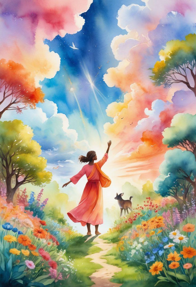 A vibrant, whimsical scene depicting a guardian figure radiating warmth and positivity, surrounded by a colorful aura. The guardian is reaching out to a group of diverse individuals, each displaying expressions of joy and contentment, representing happiness in a community. The setting is a lush garden filled with blooming flowers and soft sunlight filtering through the trees, symbolizing growth and support. Include elements of softness and comfort, like fluffy clouds and playful animals. watercolor painting. vibrant colors. serene atmosphere.