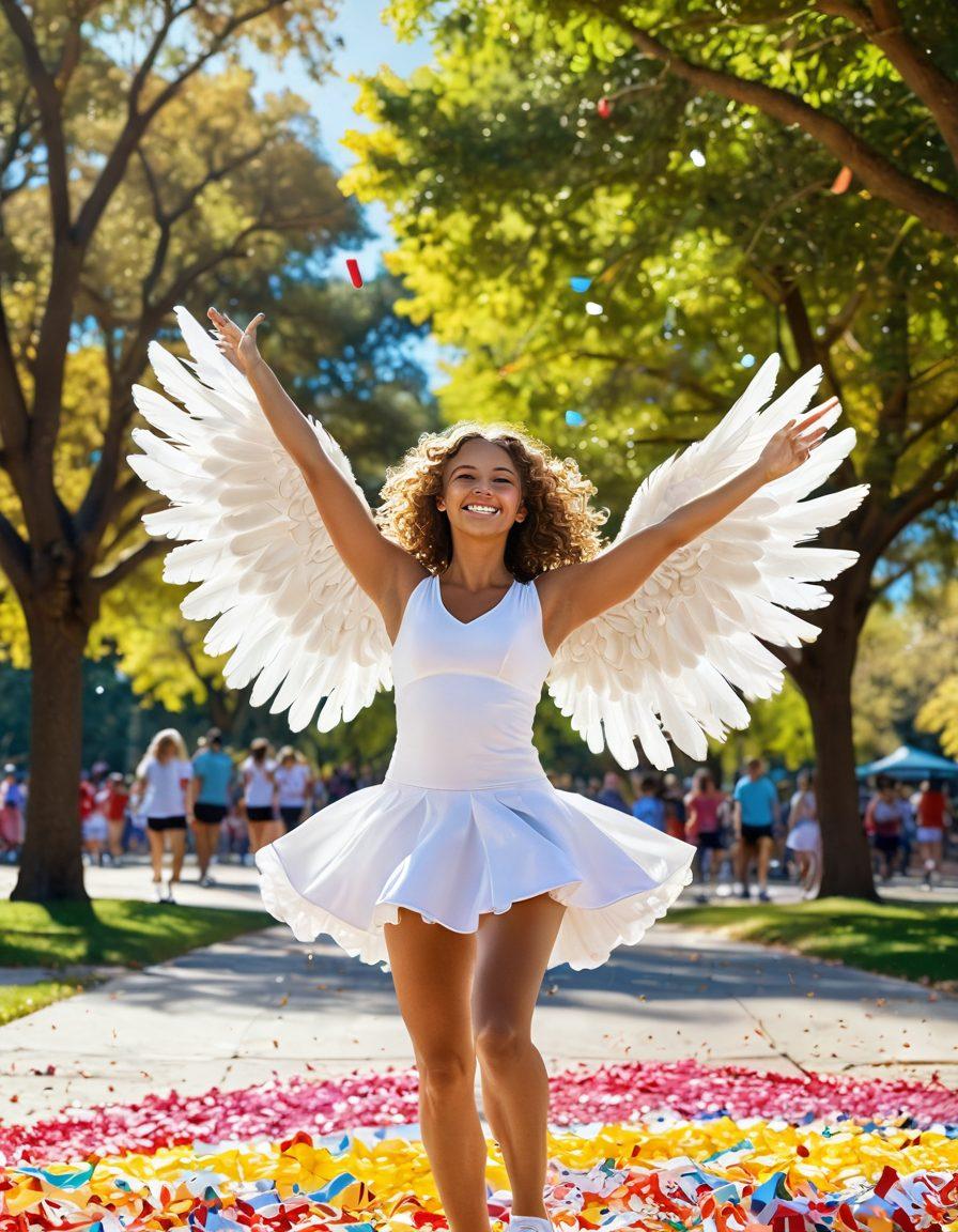 A whimsical scene depicting a guardian angel transforming into a cheerleader, with colorful pom-poms, smiles, and confetti flowing around. The background showcases a vibrant park filled with joyful people, highlighting a sense of community and happiness. Sunlight filters through trees, casting playful shadows. This image captures the essence of nurturing joy in oneself and others. vibrant colors. 3D. whimsical art.